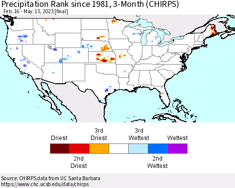 United States Precipitation Rank since 1981, 3-Month (CHIRPS) Thematic Map For 2/16/2023 - 5/15/2023