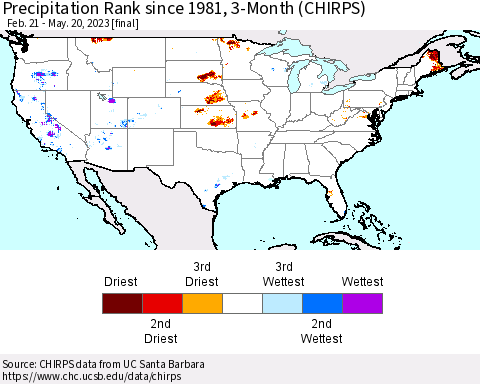 United States Precipitation Rank since 1981, 3-Month (CHIRPS) Thematic Map For 2/21/2023 - 5/20/2023