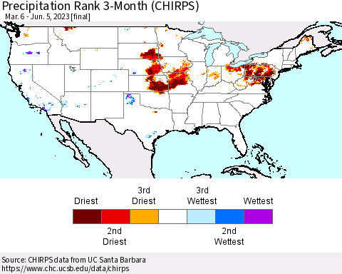 United States Precipitation Rank since 1981, 3-Month (CHIRPS) Thematic Map For 3/6/2023 - 6/5/2023