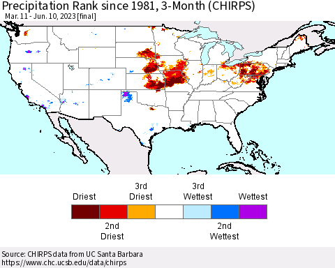 United States Precipitation Rank since 1981, 3-Month (CHIRPS) Thematic Map For 3/11/2023 - 6/10/2023