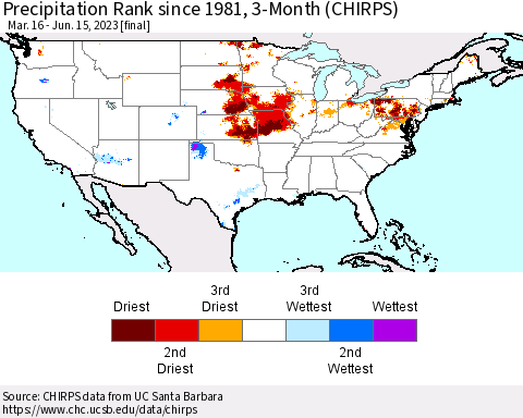 United States Precipitation Rank since 1981, 3-Month (CHIRPS) Thematic Map For 3/16/2023 - 6/15/2023
