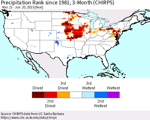United States Precipitation Rank since 1981, 3-Month (CHIRPS) Thematic Map For 3/21/2023 - 6/20/2023