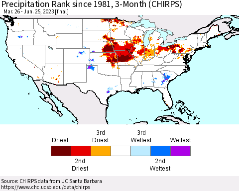 United States Precipitation Rank since 1981, 3-Month (CHIRPS) Thematic Map For 3/26/2023 - 6/25/2023