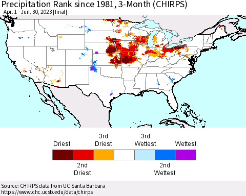 United States Precipitation Rank since 1981, 3-Month (CHIRPS) Thematic Map For 4/1/2023 - 6/30/2023