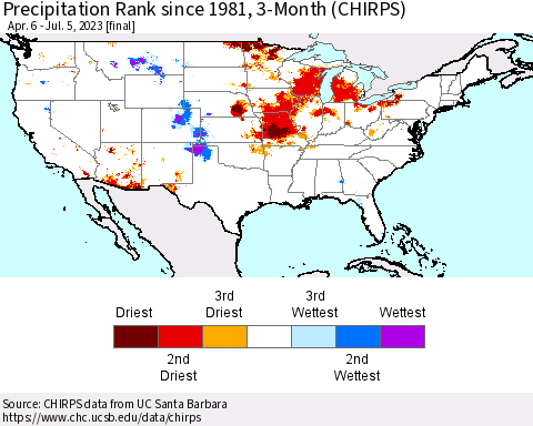 United States Precipitation Rank since 1981, 3-Month (CHIRPS) Thematic Map For 4/6/2023 - 7/5/2023