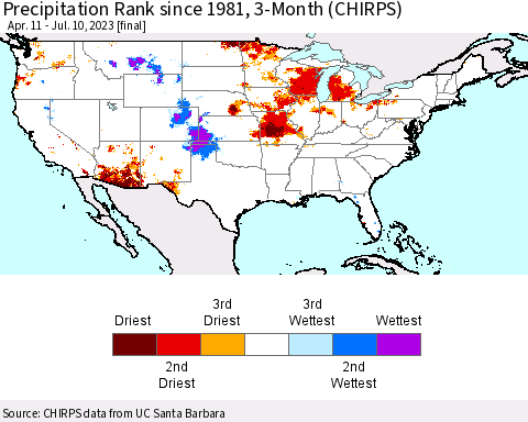 United States Precipitation Rank since 1981, 3-Month (CHIRPS) Thematic Map For 4/11/2023 - 7/10/2023