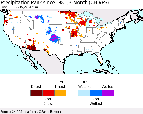 United States Precipitation Rank since 1981, 3-Month (CHIRPS) Thematic Map For 4/16/2023 - 7/15/2023
