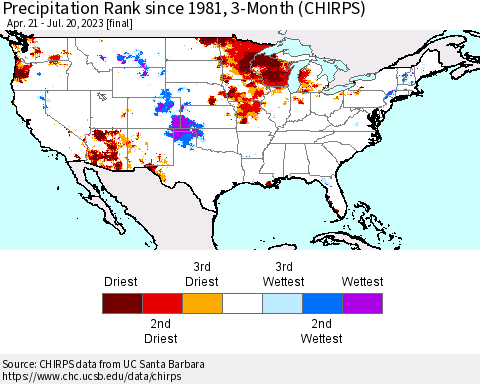 United States Precipitation Rank since 1981, 3-Month (CHIRPS) Thematic Map For 4/21/2023 - 7/20/2023