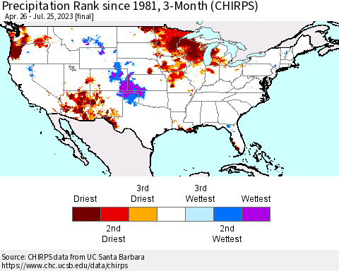 United States Precipitation Rank since 1981, 3-Month (CHIRPS) Thematic Map For 4/26/2023 - 7/25/2023