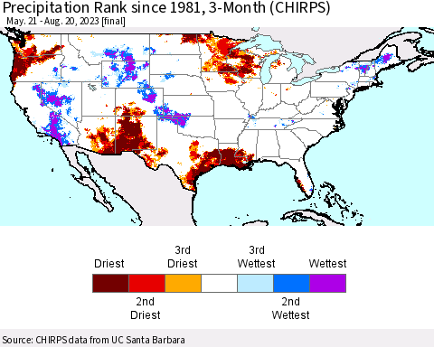 United States Precipitation Rank since 1981, 3-Month (CHIRPS) Thematic Map For 5/21/2023 - 8/20/2023