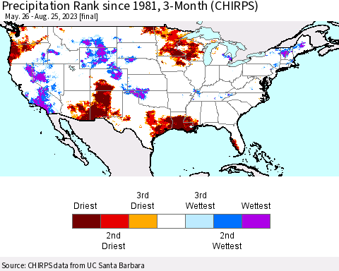 United States Precipitation Rank since 1981, 3-Month (CHIRPS) Thematic Map For 5/26/2023 - 8/25/2023