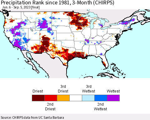 United States Precipitation Rank since 1981, 3-Month (CHIRPS) Thematic Map For 6/6/2023 - 9/5/2023
