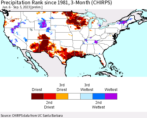 United States Precipitation Rank since 1981, 3-Month (CHIRPS) Thematic Map For 6/6/2023 - 9/5/2023