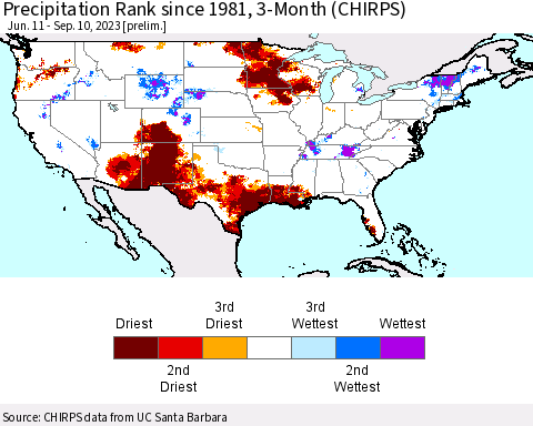 United States Precipitation Rank since 1981, 3-Month (CHIRPS) Thematic Map For 6/11/2023 - 9/10/2023
