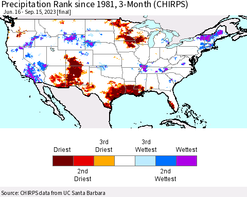 United States Precipitation Rank since 1981, 3-Month (CHIRPS) Thematic Map For 6/16/2023 - 9/15/2023
