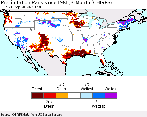 United States Precipitation Rank since 1981, 3-Month (CHIRPS) Thematic Map For 6/21/2023 - 9/20/2023