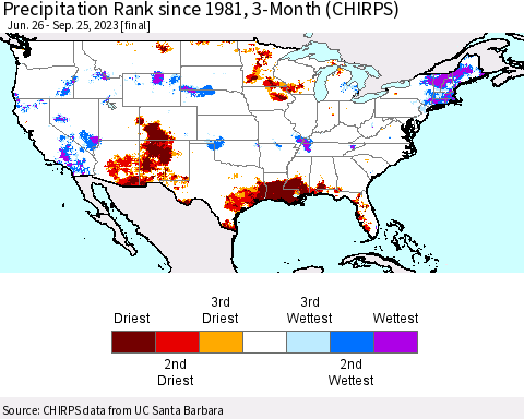 United States Precipitation Rank since 1981, 3-Month (CHIRPS) Thematic Map For 6/26/2023 - 9/25/2023