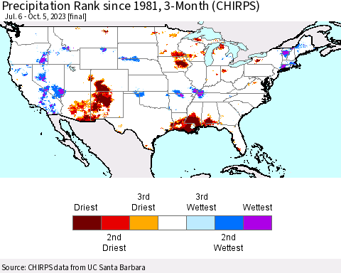 United States Precipitation Rank since 1981, 3-Month (CHIRPS) Thematic Map For 7/6/2023 - 10/5/2023