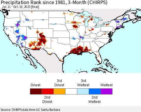 United States Precipitation Rank since 1981, 3-Month (CHIRPS) Thematic Map For 7/11/2023 - 10/10/2023