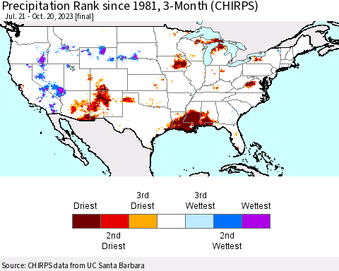 United States Precipitation Rank since 1981, 3-Month (CHIRPS) Thematic Map For 7/21/2023 - 10/20/2023