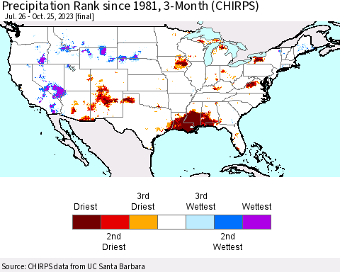 United States Precipitation Rank since 1981, 3-Month (CHIRPS) Thematic Map For 7/26/2023 - 10/25/2023