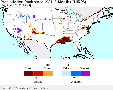 United States Precipitation Rank since 1981, 3-Month (CHIRPS) Thematic Map For 8/1/2023 - 10/31/2023