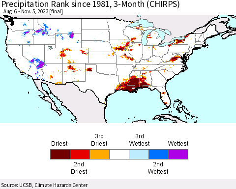 United States Precipitation Rank since 1981, 3-Month (CHIRPS) Thematic Map For 8/6/2023 - 11/5/2023