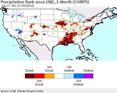 United States Precipitation Rank since 1981, 3-Month (CHIRPS) Thematic Map For 8/11/2023 - 11/10/2023