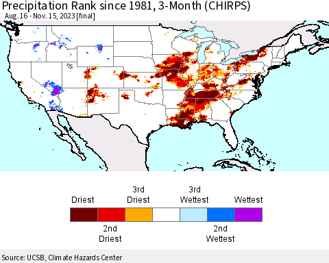 United States Precipitation Rank since 1981, 3-Month (CHIRPS) Thematic Map For 8/16/2023 - 11/15/2023