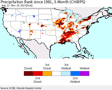 United States Precipitation Rank since 1981, 3-Month (CHIRPS) Thematic Map For 8/21/2023 - 11/20/2023