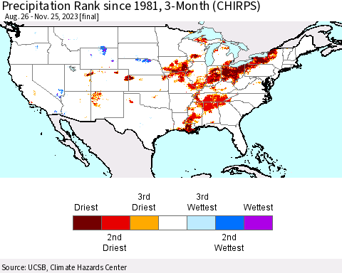 United States Precipitation Rank since 1981, 3-Month (CHIRPS) Thematic Map For 8/26/2023 - 11/25/2023