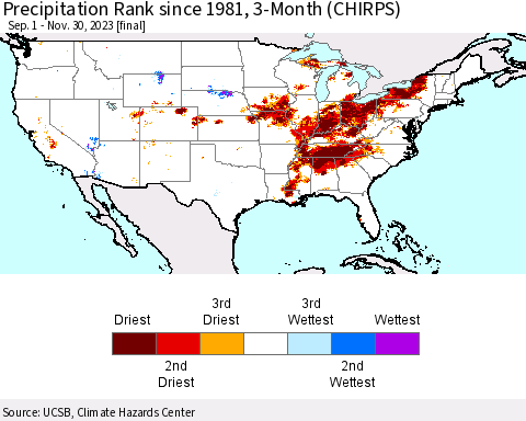United States Precipitation Rank since 1981, 3-Month (CHIRPS) Thematic Map For 9/1/2023 - 11/30/2023