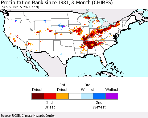 United States Precipitation Rank since 1981, 3-Month (CHIRPS) Thematic Map For 9/6/2023 - 12/5/2023