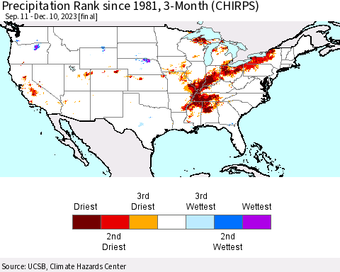 United States Precipitation Rank since 1981, 3-Month (CHIRPS) Thematic Map For 9/11/2023 - 12/10/2023