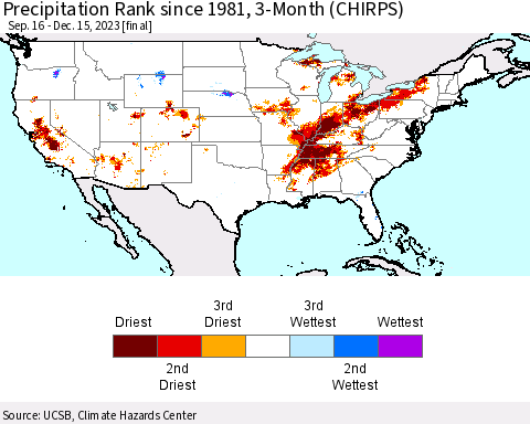 United States Precipitation Rank since 1981, 3-Month (CHIRPS) Thematic Map For 9/16/2023 - 12/15/2023