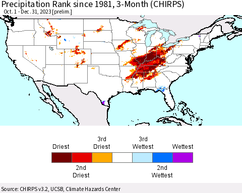 United States Precipitation Rank since 1981, 3-Month (CHIRPS) Thematic Map For 10/1/2023 - 12/31/2023
