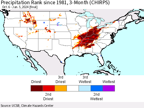 United States Precipitation Rank since 1981, 3-Month (CHIRPS) Thematic Map For 10/6/2023 - 1/5/2024