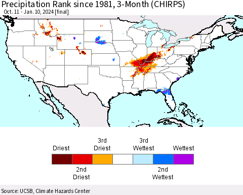 United States Precipitation Rank since 1981, 3-Month (CHIRPS) Thematic Map For 10/11/2023 - 1/10/2024