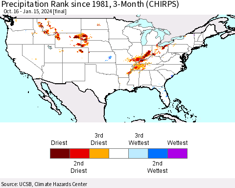United States Precipitation Rank since 1981, 3-Month (CHIRPS) Thematic Map For 10/16/2023 - 1/15/2024