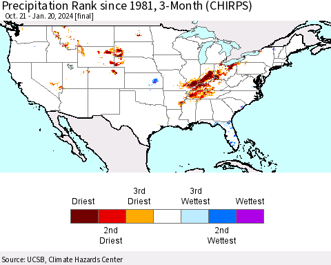 United States Precipitation Rank since 1981, 3-Month (CHIRPS) Thematic Map For 10/21/2023 - 1/20/2024