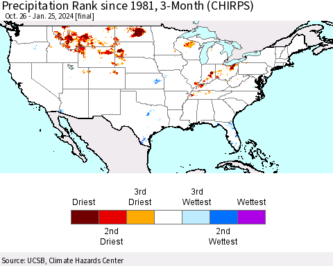 United States Precipitation Rank since 1981, 3-Month (CHIRPS) Thematic Map For 10/26/2023 - 1/25/2024