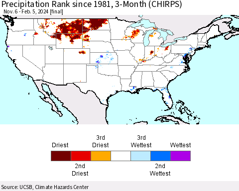 United States Precipitation Rank since 1981, 3-Month (CHIRPS) Thematic Map For 11/6/2023 - 2/5/2024