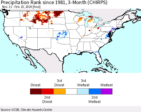 United States Precipitation Rank since 1981, 3-Month (CHIRPS) Thematic Map For 11/11/2023 - 2/10/2024