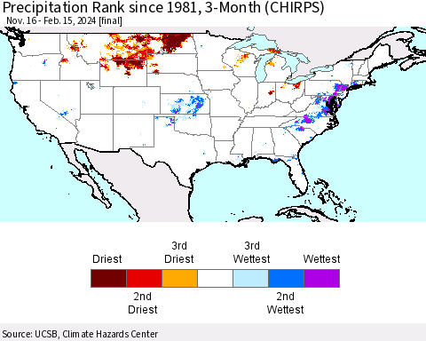 United States Precipitation Rank since 1981, 3-Month (CHIRPS) Thematic Map For 11/16/2023 - 2/15/2024
