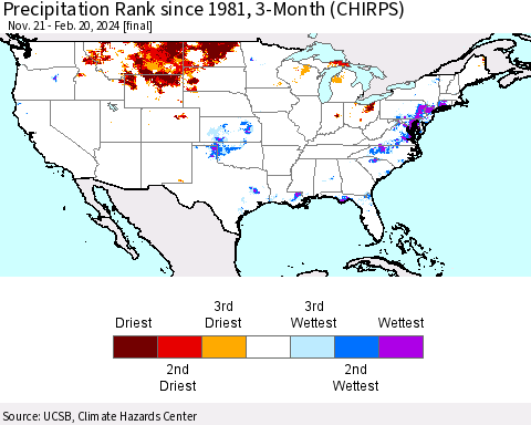 United States Precipitation Rank since 1981, 3-Month (CHIRPS) Thematic Map For 11/21/2023 - 2/20/2024