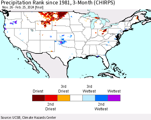United States Precipitation Rank since 1981, 3-Month (CHIRPS) Thematic Map For 11/26/2023 - 2/25/2024