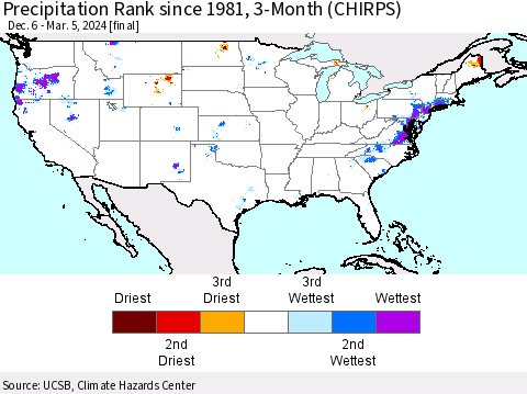 United States Precipitation Rank since 1981, 3-Month (CHIRPS) Thematic Map For 12/6/2023 - 3/5/2024