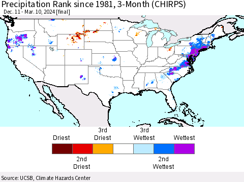 United States Precipitation Rank since 1981, 3-Month (CHIRPS) Thematic Map For 12/11/2023 - 3/10/2024
