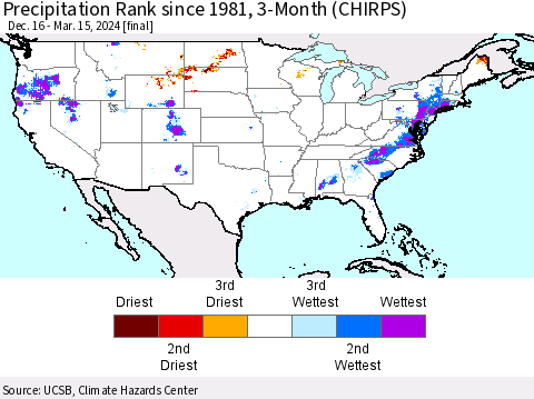 United States Precipitation Rank since 1981, 3-Month (CHIRPS) Thematic Map For 12/16/2023 - 3/15/2024