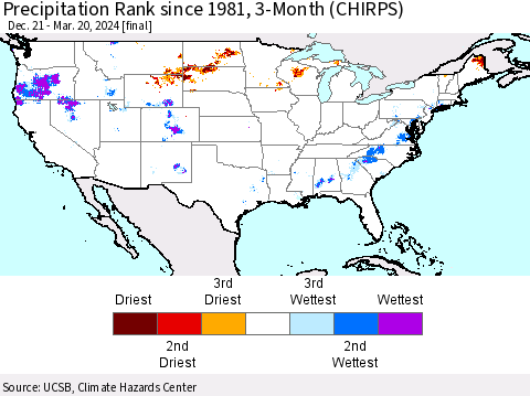 United States Precipitation Rank since 1981, 3-Month (CHIRPS) Thematic Map For 12/21/2023 - 3/20/2024